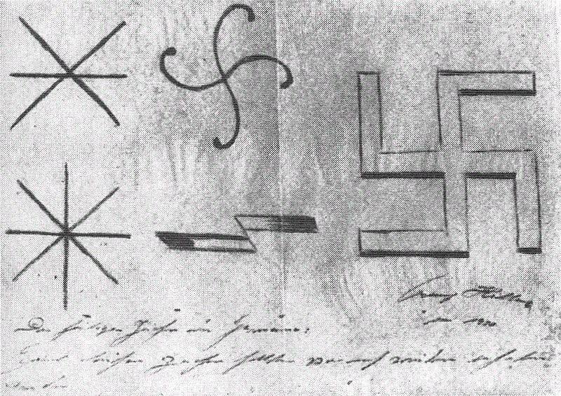 Гитлер разрабатывает логотип для своей партии, наброски 1920 года.