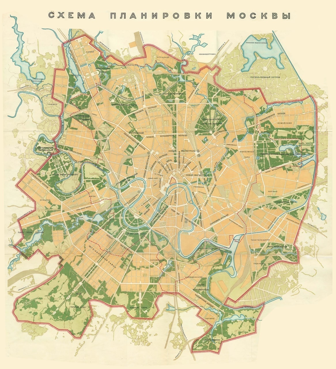 Легендарная схема Москвы-будущего 1935 года: клинья зелёных парков, кольцо...